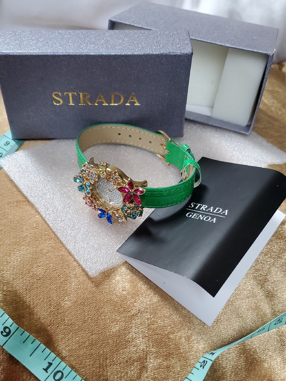 Womens Strada Green Strap Floral Crystal Accent Watch